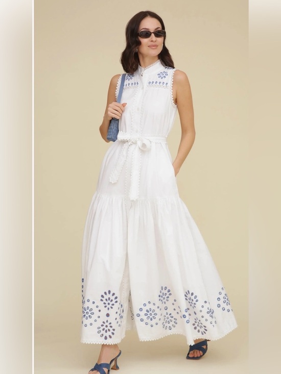 Avec Les Filles Dresses & Skirts - Avec Les Filles White Maxi Dress with Cobalt Blue Eyelet Detail 12
